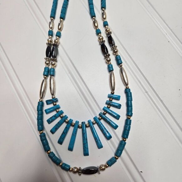 Vintage Liquid Silver Handmade Turquoise Necklace Indigenous Native Zuni 25.5" - Picture 2 of 6